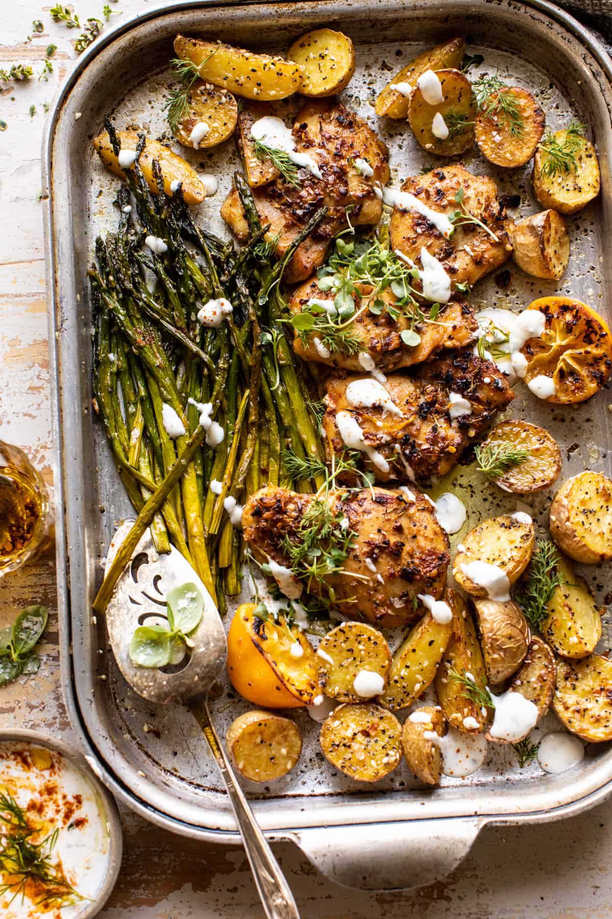 sheet pan chicken and potatoes with asparagus