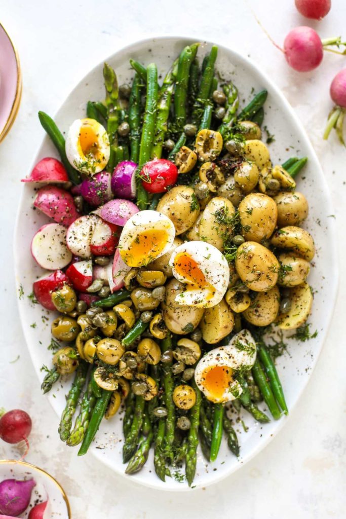 salad with potatoes, eggs, asparagus, spring